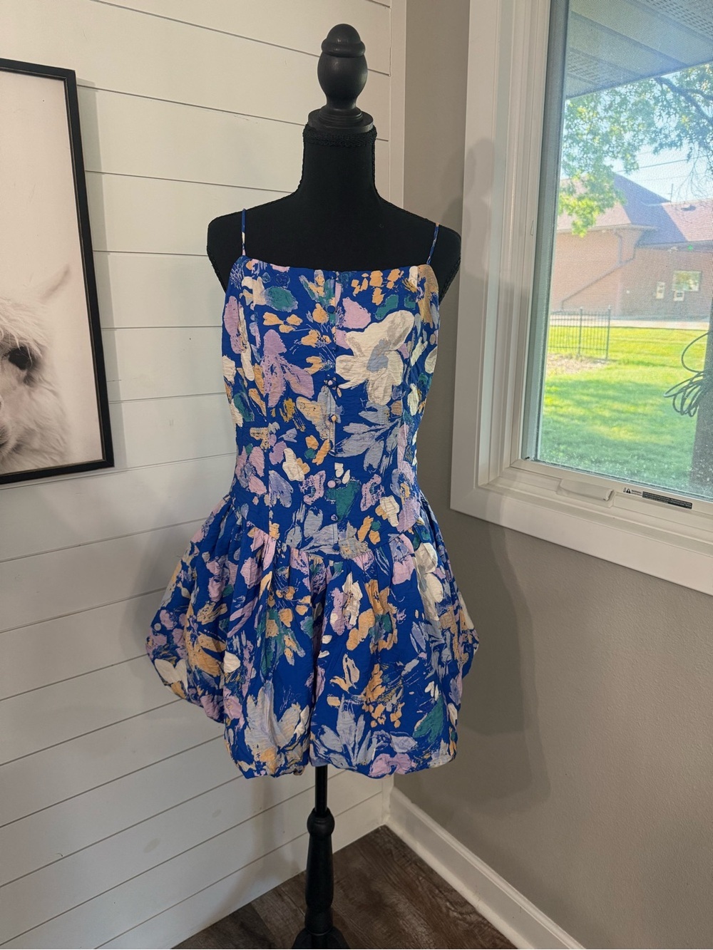 Promesa Blue Floral Bubble Mini Dress Lined Zip Size Large NWT